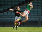 15 August 2015; Niamh Kelly, Mayo, is fouled by Kerry's Gina Crowley. TG4 Ladies Football All-Ireland Senior Championship, Quarter-Final, Kerry v Mayo, Gaelic Grounds, Limerick. Picture credit: Seb Daly / SPORTSFILE
