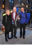 22 January 2009; Drogheda United's Club Promotions Officer Terry Collins, centre, with Roisin Phillips, daughter of Drogheda United Chairman Vincent Hoey, and Drogheda United supporter Aengus McHugh having left the High Court where he represented Drogheda United Football Club at an Examinership hearing. The Four Courts, Dublin. Picture credit: Stephen McCarthy / SPORTSFILE