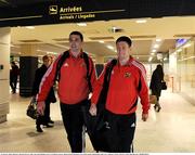 23 January 2009; Munster's Ronan O'Gara, right, and Alan Quinlan arrive at Toulouse airport, ahead of their Heineken Cup match against Montauban tomorrow. Toulouse, France. Picture credit: Matt Browne / SPORTSFILE