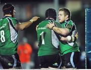 23 January 2009; Sean Cronin, right , Connacht, celebrates after scoring his side's sixth try with team-mates Brett Wilkinson, no.1, and John Muldoon. European Challenge Cup, Pool 1, Round 6, Connacht v Dax, Sportsground, Galway. Picture credit: David Maher / SPORTSFILE