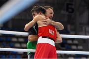 15 August 2015; Michael Conlan, Ireland, celebrates with head coach Billy Walsh after victory over Qais Ashfaq, Great Britain, during their 56kg bantam weight final bout. EUBC Elite European Boxing Championships, Samokov, Bulgaria. Picture credit: Pat Murphy / SPORTSFILE