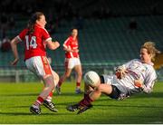 15 August 2015; Galway's Tina Hughes stops a shot from Cork's Aine O'Sullivan. TG4 Ladies Football All-Ireland Senior Championship, Quarter-Final, Cork v Galway, Gaelic Grounds, Limerick. Picture credit: Seb Daly / SPORTSFILE