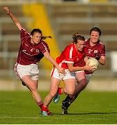 15 August 2015; Cork's Briege Corkery, middle, in action against Galway's Aine Seoighe, left, and Nicola Ward. TG4 Ladies Football All-Ireland Senior Championship, Quarter-Final, Cork v Galway, Gaelic Grounds, Limerick. Picture credit: Seb Daly / SPORTSFILE
