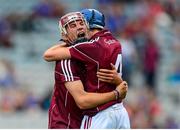 16 August 2015; Galway's Jack Fitzpatrick and Ciarán Connors, 4, celebrate at the final whistle. Electric Ireland GAA Hurling All-Ireland Minor Championship, Semi-Final Replay, Kilkenny v Galway. Croke Park, Dublin. Picture credit: Piaras Ó Mídheach / SPORTSFILE