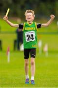 16 August 2015; Alex Henningan, Co. Kerry, crosses the finish line to win the U12 and O10 Boys Mixed Distance Relay. HSE National Community Games Festival, Weekend 1. Athlone IT, Athlone, Co. Westmeath. Picture credit: Seb Daly / SPORTSFILE