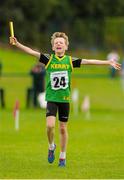 16 August 2015; Alex Henningan, Co. Kerry, crosses the finish line to win the U12 and O10 Boys Mixed Distance Relay. HSE National Community Games Festival, Weekend 1. Athlone IT, Athlone, Co. Westmeath. Picture credit: Seb Daly / SPORTSFILE
