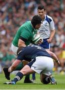 15 August 2015; Mike Ross, Ireland, is tackled by Jon Welsh, Scotland. Rugby World Cup Warm-Up Match. Ireland v Scotland. Aviva Stadium, Lansdowne Road, Dublin. Picture credit: Stephen McCarthy / SPORTSFILE