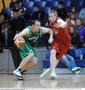 24 January 2009; Glenn Hynes, An Cearnog Nua, Moycullen, in action against Brian Clernon, Team Garvey's St Mary's. Men's Senior Cup Final, Team Garvey's St Mary's, Castleisland, Co. Kerry v An Cearnog Nua, Moycullen, Co. Galway, National Basketball Arena, Tallaght. Picture credit: Brendan Moran / SPORTSFILE
