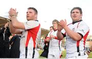 24 January 2009; Ulster players Nigel Brady, left, and Stuart Philpott, salute the travelling supporters after the team's defeat to Stade Francais. Heineken Cup, Pool 4, Round 6, Stade Francais v Ulster Rugby, Stade Jean Bouin, Paris, France. Picture credit: Diarmuid Greene / SPORTSFILE