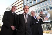 26 January 2009; At the launch of Allianz GAA Football Leagues 2009, from left, Dublin manager Pat Gilroy, Tyrone manager Mickey Harte and Brendan Murphy, Chief Executive, Allianz Ireland. Allianz Headquarters, Elmpark, Merrion Rd, Dublin. Picture credit: Brendan Moran / SPORTSFILE