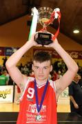 26 January 2009; Alan O'Donovan, Colaiste an Spioraid Naoimh, lifts the cup. Basketball Ireland Schools Cup Finals, Boys U16 B Final, Colaiste an Spioraid Naoimh, Bishopstown, Cork v St. Nathy’s, Ballaghadereen, Co Roscommon, National Basketball Arena, Tallaght, Co. Dublin. Picture credit: Pat Murphy / SPORTSFILE