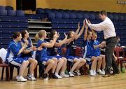 26 January 2009; Gael Cholaiste Mhuire coach Paul Kelleher congratulates his players in the final seconds of the game. Basketball Ireland Schools Cup Finals, Girls U16 B Final, Euerka Kells, Meath v Gael Cholaiste Mhuire, Cork, National Basketball Arena, Tallaght. Photo by Sportsfile