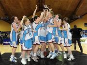 27 January 2009; Holy Family Newbridge celebrate with the cup. Girls U16 C Final, Methodist College, Belfast, Co. Antrim v Holy Family Newbridge, Co. Kildare, National Basketball Arena, Tallaght, Co. Dublin. Photo by Sportsfile