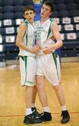 28 January 2009; Colàiste Eanna's Eugene McCormick, right, is consoled by team-mate Ciaran Hassan after defeat. Boys U16 A Final, St. Malachy’s, Belfast, Co. Antrim v Colàiste Eanna, Dublin, National Basketball Arena, Tallaght, Co. Dublin. Picture credit: Brian Lawless / SPORTSFILE