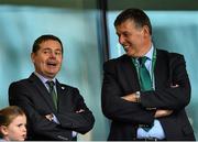 15 August 2015; Philip Browne, Chief Executive, IRFU, right, speaks with Paschal Donohoe, TD, Minister for Transport, Tourism and Sport. Rugby World Cup Warm-Up Match. Ireland v Scotland. Aviva Stadium, Lansdowne Road, Dublin. Picture credit: Ramsey Cardy / SPORTSFILE