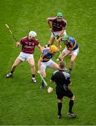 16 August 2015; Referee Barry Kelly throws the ball in to start the game between Shane McGrath, left, and James Woodlock, Tipperary, and Andrew Smith, left, and David Burke, Galway. GAA Hurling All-Ireland Senior Championship, Semi-Final, Tipperary v Galway. Croke Park, Dublin. Picture credit: Dáire Brennan / SPORTSFILE