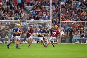 16 August 2015; Kieran Bergin, Tipperary, in action against Michael Morgan, Scoil Ursula, Sligo, representing Galway, during the Cumann na mBunscol INTO Respect Exhibition Go Games 2015 at Tipperary v Galway - GAA Hurling All-Ireland Senior Championship Semi-Final. Croke Park, Dublin. Picture credit: Ray McManus / SPORTSFILE