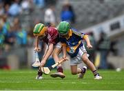 16 August 2015; Leo Moloney, Annyalla NS, Castleblayney, Monaghan, representing Galway, in action against Liam Doyle, Gaile NS, Holycross, Thurles, Tipperary, during the Cumann na mBunscol INTO Respect Exhibition Go Games 2015 at Tipperary v Galway - GAA Hurling All-Ireland Senior Championship Semi-Final. Croke Park, Dublin. Picture credit: Ray McManus / SPORTSFILE