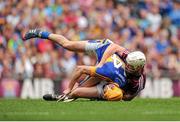 16 August 2015; Séamus Callanan, Tipperary, is fouled by John Hanbury, Galway, resulting in a penalty for Tipperary. GAA Hurling All-Ireland Senior Championship, Semi-Final, Tipperary v Galway. Croke Park, Dublin. Picture credit: Tomas Greally / SPORTSFILE