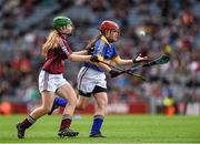 16 August 2015; Amber Finnegan, St Pius X GNS, Fortfield Park, Dublin, representing Tipperary, in action against Daire O’Brien, Ballinacarriga NS, Dunmanway, Cork, representing Galway, during the Cumann na mBunscol INTO Respect Exhibition Go Games 2015 at Tipperary v Galway - GAA Hurling All-Ireland Senior Championship Semi-Final. Croke Park, Dublin. Picture credit: Ray McManus / SPORTSFILE