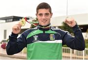 16 August 2015; Ireland gold medal winner Joe Ward, 81kg light heavy weight, holds up his medal outside Dublin Airport after the Ireland team's homecoming from the EUBC Elite European Boxing Championships. Dublin Airport, Dublin. Picture credit: Cody Glenn / SPORTSFILE