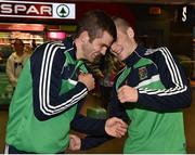 16 August 2015; Ireland team-mates Adam Nolan, welter weight, left, jokingly spars with Dean Walsh, welter weight bronze medal winner, at the Ireland team's homecoming from the EUBC Elite European Boxing Championships. Dublin Airport, Dublin. Picture credit: Cody Glenn / SPORTSFILE