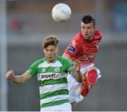 17 August 2015; Luke Byrne, Shamrock Rovers, in action against Steven Beattie, Cork City. SSE Airtricity League Premier Division, Shamrock Rovers v Cork City. Tallaght Stadium, Tallaght, Co. Dublin. Picture credit: David Maher / SPORTSFILE