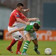 17 August 2015; Luke Byrne, Shamrock Rovers, in action against Steven Beattie, Cork City. SSE Airtricity League Premier Division, Shamrock Rovers v Cork City. Tallaght Stadium, Tallaght, Co. Dublin. Picture credit: David Maher / SPORTSFILE