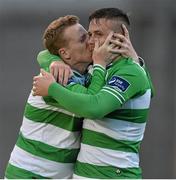 17 August 2015; Shamrock Rovers' Danny North, left, celebrates with team-mate Mikey Drennan after scoring his side's second goal. SSE Airtricity League Premier Division, Shamrock Rovers v Cork City. Tallaght Stadium, Tallaght, Co. Dublin. Picture credit: David Maher / SPORTSFILE