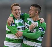 17 August 2015; Shamrock Rovers' Danny North, left, celebrates with team-mate Mikey Drennan after scoring his side's second goal. SSE Airtricity League Premier Division, Shamrock Rovers v Cork City. Tallaght Stadium, Tallaght, Co. Dublin. Picture credit: David Maher / SPORTSFILE