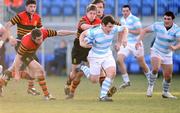 28 January 2009; Karl Curran, Blackrock College, is tackled by Alex Ging and Conor O'Mahony, CBC Monkstown. Leinster Schools Senior Cup 1st Round, CBC Monkstown v Blackrock College, Donnybrook Stadium, Dublin. Picture credit: Matt Browne / SPORTSFILE