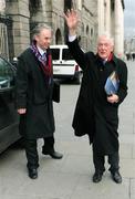 29 January 2009; Drogheda United Club Chairman Vincent Hoey, right, salutes supporters with Club Promotions Officer Terry Collins after leaving the High Court where they represented Drogheda United Football Club at an Examinership hearing. The Four Courts, Dublin. Picture credit: Stephen McCarthy / SPORTSFILE