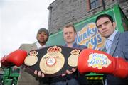29 January 2009; Boxing promoter Brian Peters, centre, with Bernard Dunne and  WBA Super Bantamweight title holder Ricardo &quot;El Maestrito&quot; Cordoba after a press conference to announce details of their Hunky Dorys World Title Fight Night on March 21st at the O2 arena, as world championship boxing returns to Ireland for the first time in 13 years. The O2, Dublin. Picture credit: Brian Lawless / SPORTSFILE