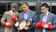 29 January 2009; Boxing promoter Brian Peters, centre, with Bernard Dunne and  WBA Super Bantamweight title holder Ricardo &quot;El Maestrito&quot; Cordoba after a press conference to announce details of their Hunky Dorys World Title Fight Night on March 21st at the O2 arena, as world championship boxing returns to Ireland for the first time in 13 years. The O2, Dublin. Picture credit: Stephen Mooney / SPORTSFILE