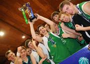 28 January 2009; St. Malachy’s captain Matthew Jackson lifts the cup with his team-mates. Boys U19 A Final, St. Malachy’s, Belfast, Co. Antrim v Colàiste Choilm Ballincollig, Co. Cork, National Basketball Arena, Tallaght, Co. Dublin. Picture credit: Brian Lawless / SPORTSFILE