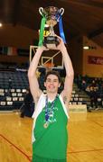 28 January 2009; St. Malachy’s captain Matthew Jackson lifts the cup. Boys U19 A Final, St. Malachy’s, Belfast, Co. Antrim v Colàiste Choilm Ballincollig, Co. Cork, National Basketball Arena, Tallaght, Co. Dublin. Picture credit: Brian Lawless / SPORTSFILE