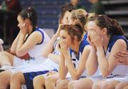 28 January 2009; St. Joseph’s Abbeyfeale players Mariah Stack, second from right, and Sinead Guiney, right, during the dying minutes of the match. Girls U16 A Final, St. Joseph’s Abbeyfeale, Co. Limerick v Colàiste Ìosagàin, Dublin, National Basketball Arena, Tallaght, Co. Dublin. Picture credit: Brian Lawless / SPORTSFILE