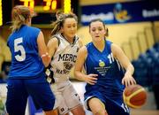 28 January 2009; Ciara Newall, right, and Ailbhe Costello, Calasantius Oranmore, in action against Brid O'Brien, Mercy Waterford. Girls U19 A Final, Calasantius Oranmore, Co. Galway v Mercy Waterford, National Basketball Arena, Tallaght, Co. Dublin. Picture credit: Brian Lawless / SPORTSFILE