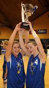28 January 2009; Calasantius Oranmore co-captains Ailbhe Costello, left, and Carol McCarthy lift the cup. Girls U19 A Final, Calasantius Oranmore, Co. Galway v Mercy Waterford, National Basketball Arena, Tallaght, Co. Dublin. Picture credit: Brian Lawless / SPORTSFILE