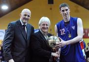 25 January 2009; Colin O'Reilly, UCC Demons, is presented with the MVP by Bob Hope, centre, of Molten, in the company of Tony Colgan, President of Basketball Ireland. Men's Superleague Cup Final, UCC Demons, Cork v DART Killester, Dublin, National Basketball Arena, Tallaght. Picture credit: Brendan Moran / SPORTSFILE
