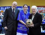 25 January 2009; Niamh Dwyer, Team Montenotte Hotel, Glanmire, is presented with the MVP by Bob Hope, right, of Molten, in the company of Tony Colgan, President of Basketball Ireland. Women's SL Cup Final, Bausch & Lomb Wildcats, Waterford, v Team Montenotte Hotel, Glanmire, Cork, National Basketball Arena, Tallaght. Picture credit: Brendan Moran / SPORTSFILE