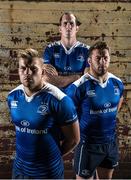 18 August 2015; To celebrate the launch of the new 2015/16 season Leinster jersey, Canterbury, official kit supplier to the club, has today announced the biggest collection of money can’t buy prizes and experiences in the club’s history. Fans are being asked to prove why they are Leinster’s most committed fan on Canterbury’s Facebook page www.facebook.com/canterbury or by tweeting using #CommittedToLeinster. Pictured at the launch are, from left, Jordi Murphy, Devin Toner and Sean O'Brien. Launch of the new Canterbury Leinster Home and Alternate Jersey, Leinster Rugby HQ, UCD, Belfield, Dublin. Picture credit: Brendan Moran / SPORTSFILE