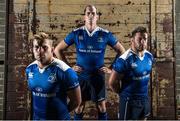 18 August 2015; To celebrate the launch of the new 2015/16 season Leinster jersey, Canterbury, official kit supplier to the club, has today announced the biggest collection of money can’t buy prizes and experiences in the club’s history. Fans are being asked to prove why they are Leinster’s most committed fan on Canterbury’s Facebook page www.facebook.com/canterbury or by tweeting using #CommittedToLeinster. Pictured at the launch are, from left, Jordi Murphy, Devin Toner and Sean O'Brien. Launch of the new Canterbury Leinster Home and Alternate Jersey, Leinster Rugby HQ, UCD, Belfield, Dublin. Picture credit: Brendan Moran / SPORTSFILE