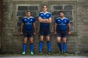 18 August 2015; To celebrate the launch of the new 2015/16 season Leinster jersey, Canterbury, official kit supplier to the club, has today announced the biggest collection of money can’t buy prizes and experiences in the club’s history. Fans are being asked to prove why they are Leinster’s most committed fan on Canterbury’s Facebook page www.facebook.com/canterbury or by tweeting using #CommittedToLeinster. Pictured at the launch are, from left, Jordi Murphy, Devin Toner and Sean O'Brien. Launch of the new Canterbury Leinster Home and Alternate Jersey, Leinster Rugby HQ, UCD, Belfield, Dublin. Picture credit: Brendan Moran / SPORTSFILE