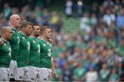 15 August 2015; Ireland players, from left, Richardt Strauss, Paul O'Connell, Jordi Murphy, Dave Kearney and Paddy Jackson stand for the national anthem before the game. Rugby World Cup Warm-Up Match. Ireland v Scotland. Aviva Stadium, Lansdowne Road, Dublin. Picture credit: Brendan Moran / SPORTSFILE