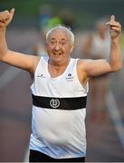 18 August 2015; Frank Greally, who set a record for the 10,000M 45 years ago on this day, pictured as he crosses the finish line after running around Morton Stadium for 30.17 - the record time set on the night. Frank Greally's Gratitude Run. Morton Stadium, Dublin. Picture credit: Cody Glenn / SPORTSFILE