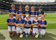 16 August 2015; The Tipperary camogie team, back row, left to right, Ellen Sylvester, Holy Family SNS, Swords, Dublin, Hannah Lavery, Victoria College Prep School, Belfast, Antrim, Orla Donnelly, Glenravel Primary, Martinstown, Ballymena, Antrim, Brid Magill, St. Brigid’s PS, Cloughmills, Ballymena, Antrim, Ciara Doran, St. Mary’s PS, Portaferry, Down, front row, left to right, Moya Byrnes, Scoil Seanáin Naofa, Clonlara NS, Clare, Amber Finnegan, St. Pius X GNS, Fortfield Park, Dublin, Maria Kealy, Woodlands NS, Letterkenny, Donegal, Tara Monan, St. Patrick’s PS, Ballygallet, Portaferry, Down, Cadhla Magennis, St. Joseph’s PS, Meigh, Killeavey, Newry, Down, before the Cumann na mBunscol INTO Respect Exhibition Go Games 2015 at Tipperary v Galway - GAA Hurling All-Ireland Senior Championship Semi-Final. Croke Park, Dublin. Picture credit: Ray McManus / SPORTSFILE
