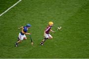 16 August 2015; Andrew Kelly, Ballintotas NS, Castlemartyr, Cork, representing Galway, in action against Tom Matthews, Scoil Bhríde, Dunleer, Louth, representing Tipperary, during the Cumann na mBunscol INTO Respect Exhibition Go Games 2015 at Tipperary v Galway - GAA Hurling All-Ireland Senior Championship Semi-Final. Croke Park, Dublin. Picture credit: Dáire Brennan / SPORTSFILE