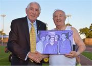 18 August 2015; Frank Greally, right, presents Ronnie Delany, Irish Olympic gold medallist, with a photograph of the &quot;Golden Mile&quot; in Morton Stadium, Santry, which shows for the first time in history five men who had run sub four minutes in the same race: Murray Halberg, Ronnie Delany, Albie Thomas, Herb Elliott and Merv Lincoln taken by Jim Connolly on 6th of August 1958. Frank Greally. Frank Greally's Gratitude Run. Morton Stadium, Dublin.  Picture credit: Cody Glenn / SPORTSFILE