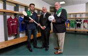 20 August 2015; In attendance at the launch of the EirGrid International Rules 2015 Series are, Uachtarán Chumann Lúthchleas Gael Aogán Ó Fearghail with Jeffrey Lynskey, left, Shinty / International Hurling Team Manager, and Joe Kernan, International Rules Team Manager. Launch of the EirGrid International Rules 2015 Series, Croke Park, Dublin. Picture credit: Matt Browne / SPORTSFILE